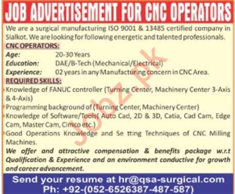 Urgent! Cnc operator jobs in Lahore 